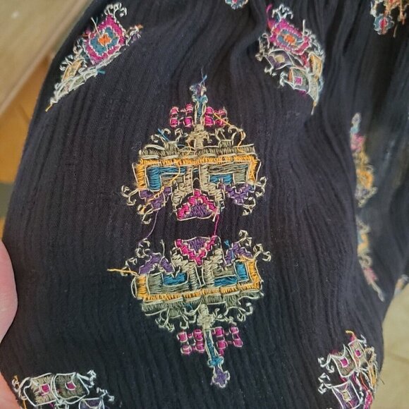 Free People Tunic Dress S Shirt‎ Peasant Top Black Embroidered Vneck Boho Prarie - Picture 12 of 16